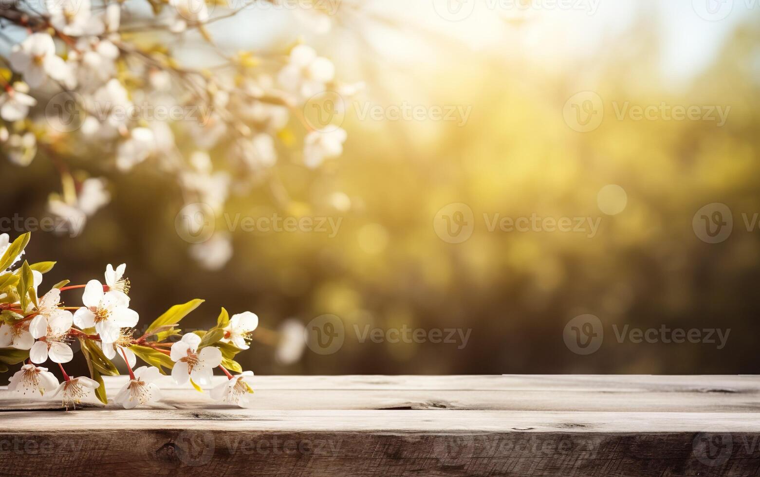 AI generated Beautiful blooming spring flowers branches background. Wooden table, display with copy space for product presentation. AI Generative photo