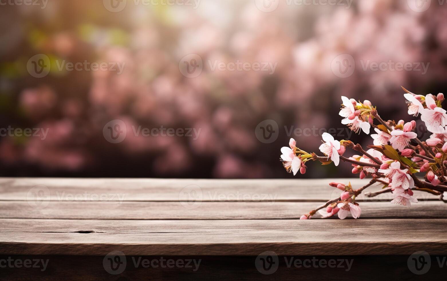 AI generated Beautiful blooming spring flowers branches background. Wooden table, display with copy space for product presentation. photo