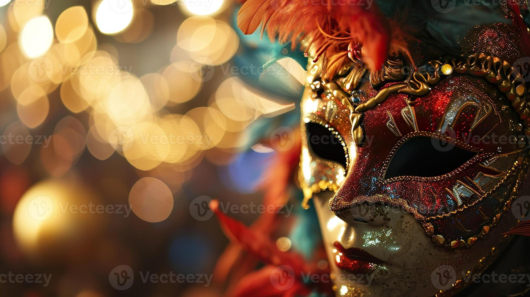 AI generated Colorful carnival masquerade parade mask on blurred bokeh lights background with copy space. For Venetian costume festival celebration, invitation, promotion. photo