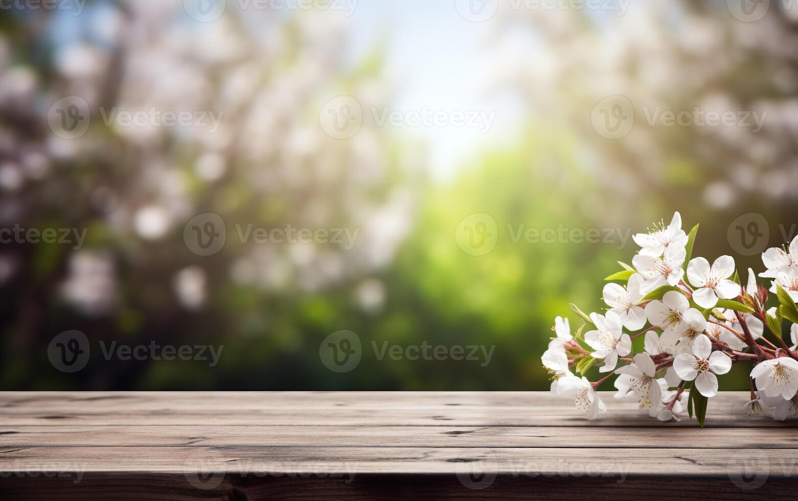 AI generated Beautiful blooming spring flowers branches background. Wooden table, display with copy space for product presentation. photo