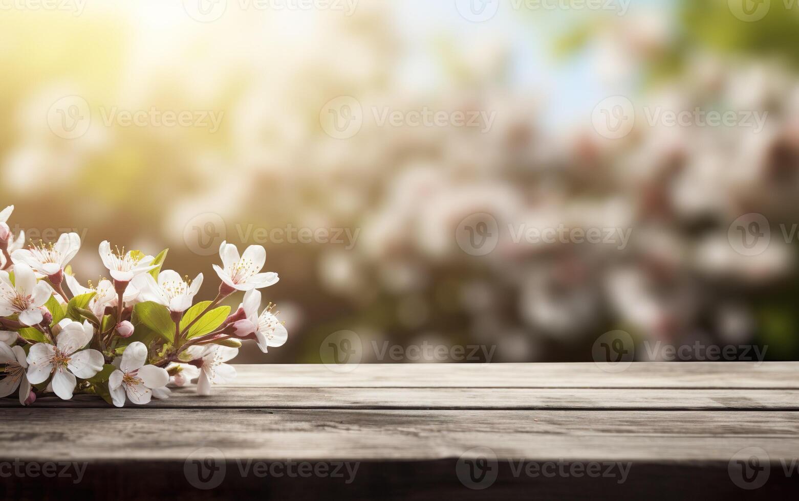 AI generated Empty wooden table, display with blurred blooming cherry branches background. Spring nature and flowers theme concept. Copy space for product presentation, showcase. photo