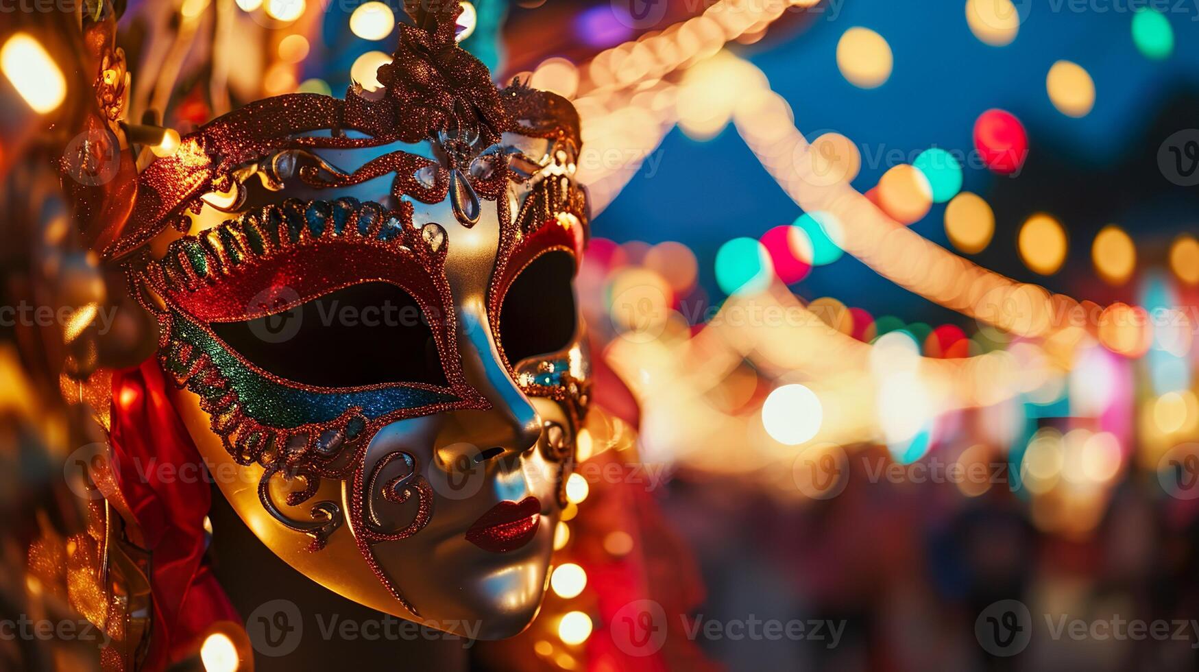 AI generated Carnival masquerade parade mask on blurred dark blue background with bokeh lights and garlands. Copy space. For Venetian costume festival celebration, invitation, promotion. photo