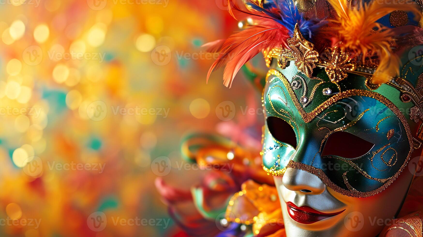 AI generated Colorful carnival masquerade parade mask on blurred dark blue background with bokeh lights. Copy space. For Venetian costume festival celebration, invitation, promotion. photo