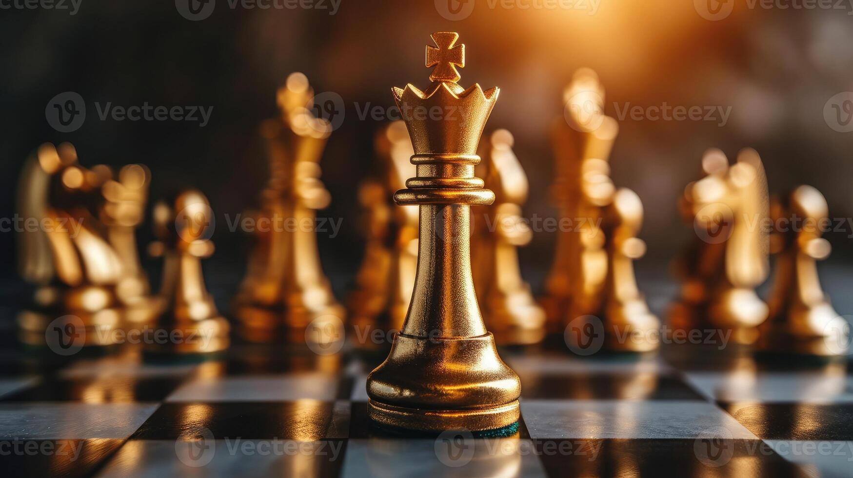 AI generated Golden king chess stand in front of others chess pieces. Leadership business teamwork and marketing strategy planing concept. photo