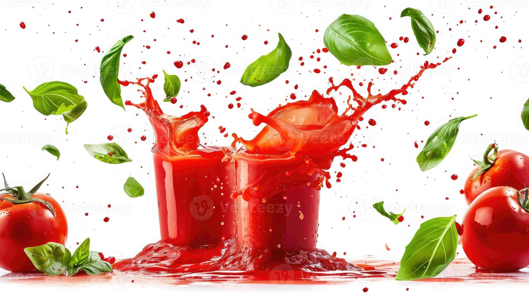 AI generated Splashing tomato juice with flying basil leaves isolated on white photo