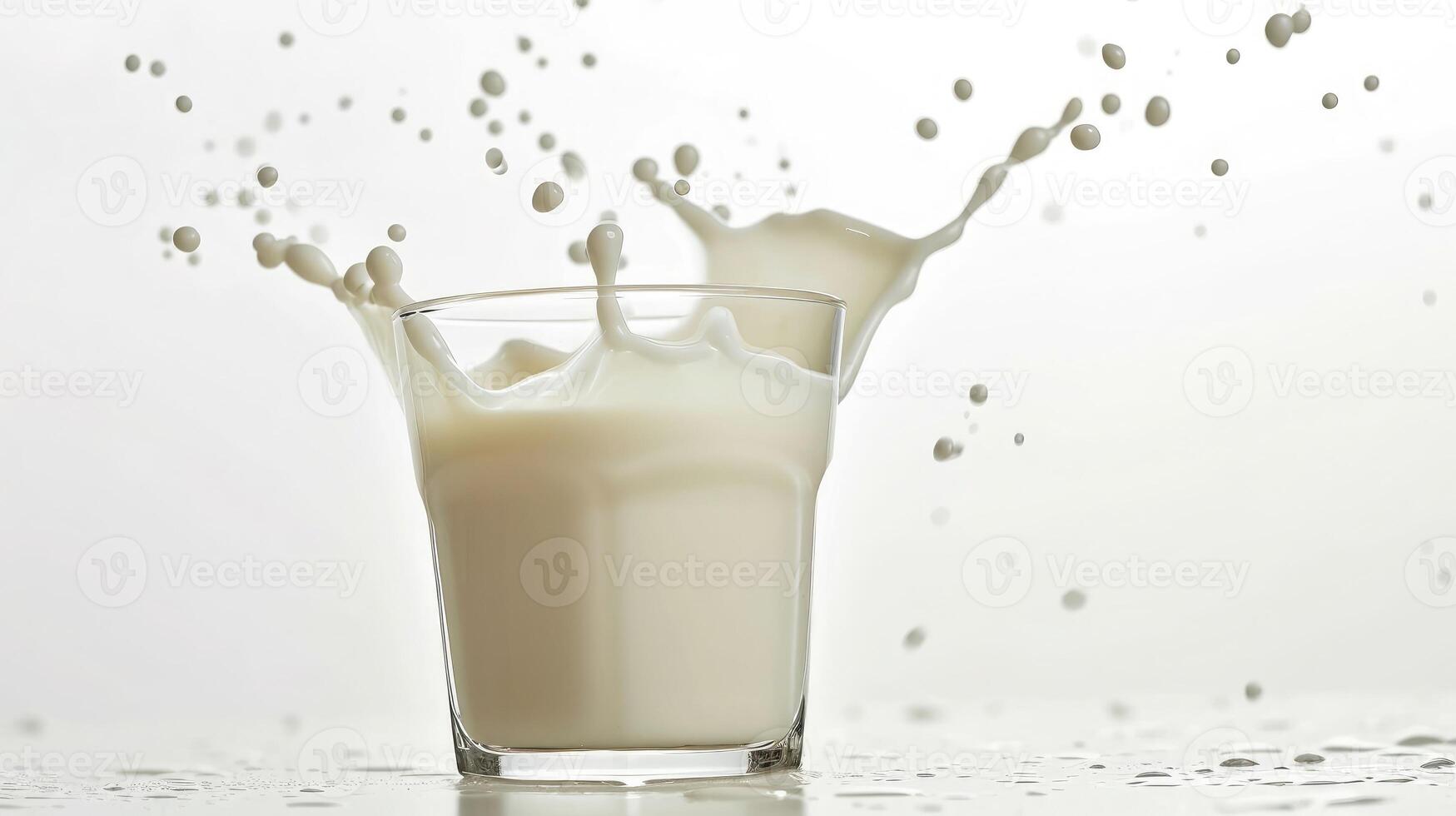 AI generated small glass of milk with splash isolated on white background photo