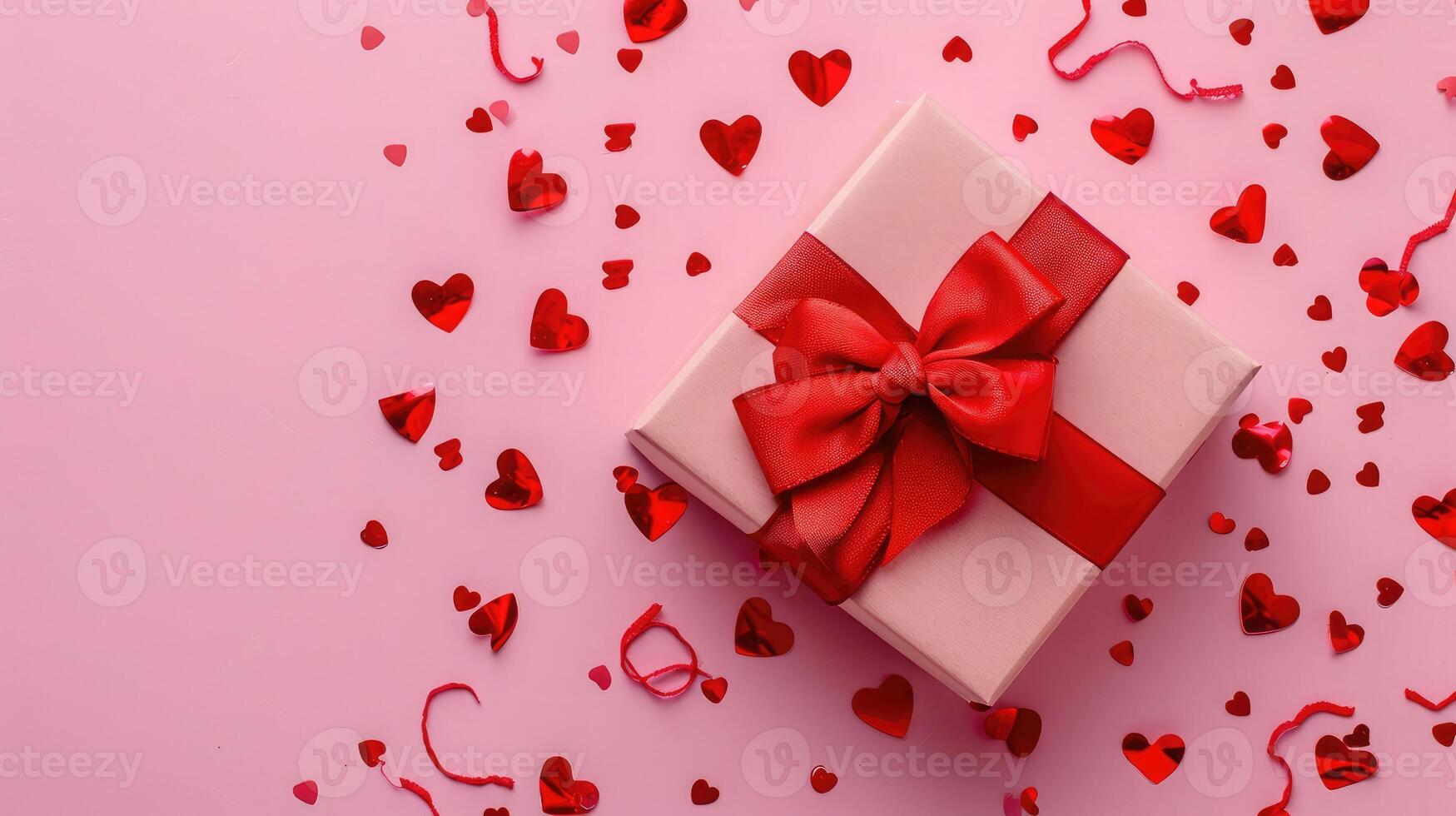 AI generated Pink gift box with red bow on pink background with red hearts. Holiday web banner. Top view. photo