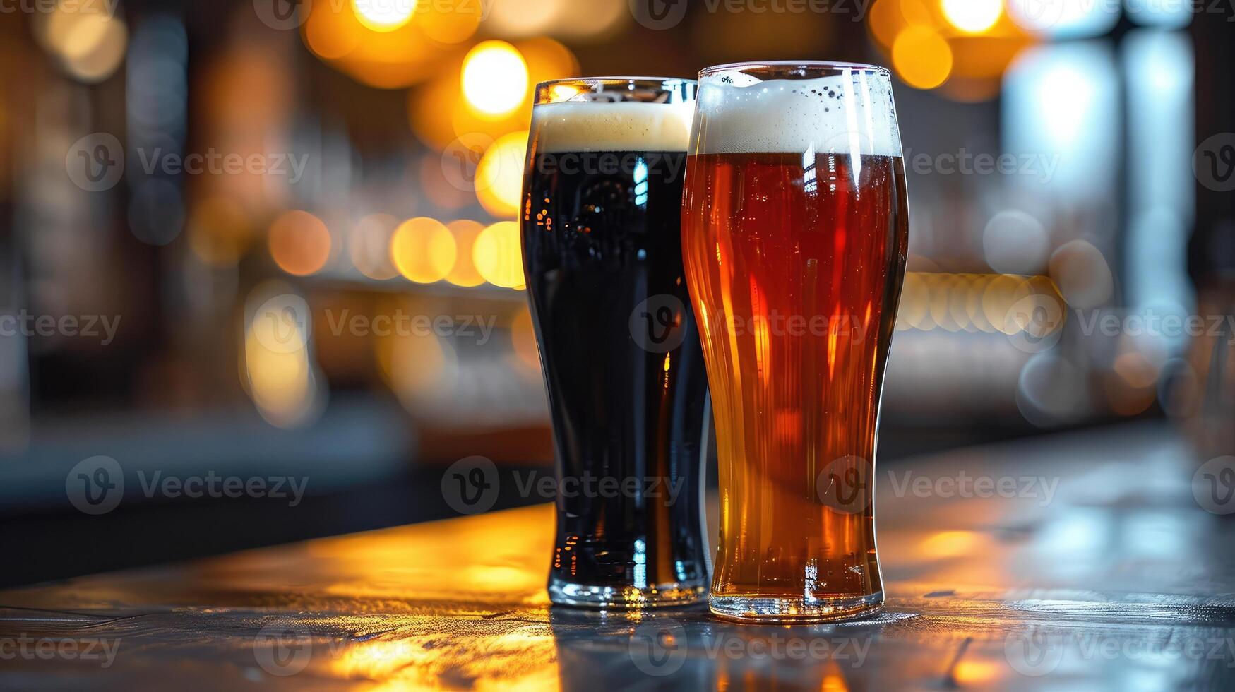 AI generated Glasses with different sorts of craft beer on wooden bar. Tap beer in pint glasses arranged in a row. Closeup of five glasses of different types of draught beer photo