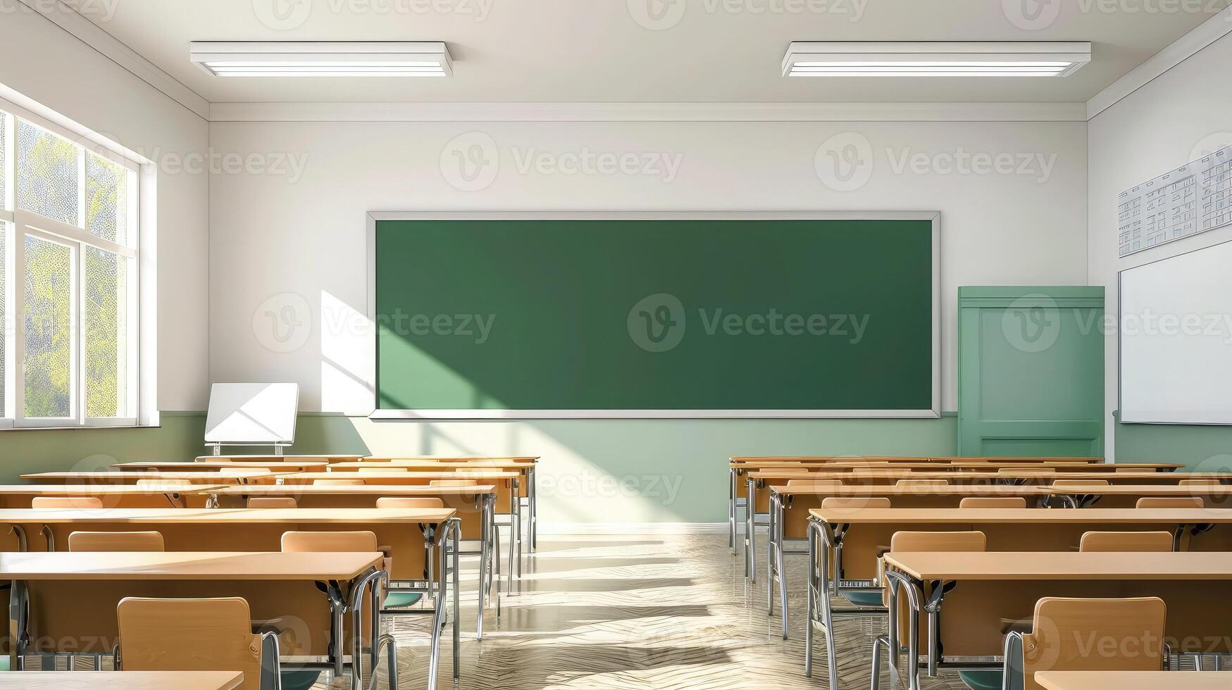 AI generated Classroom school.Interior of clean spacious classroom ready for new school year. Empty room with white walls, comfortable desks, chairs, green blackboard, whiteboard. Back to school. photo