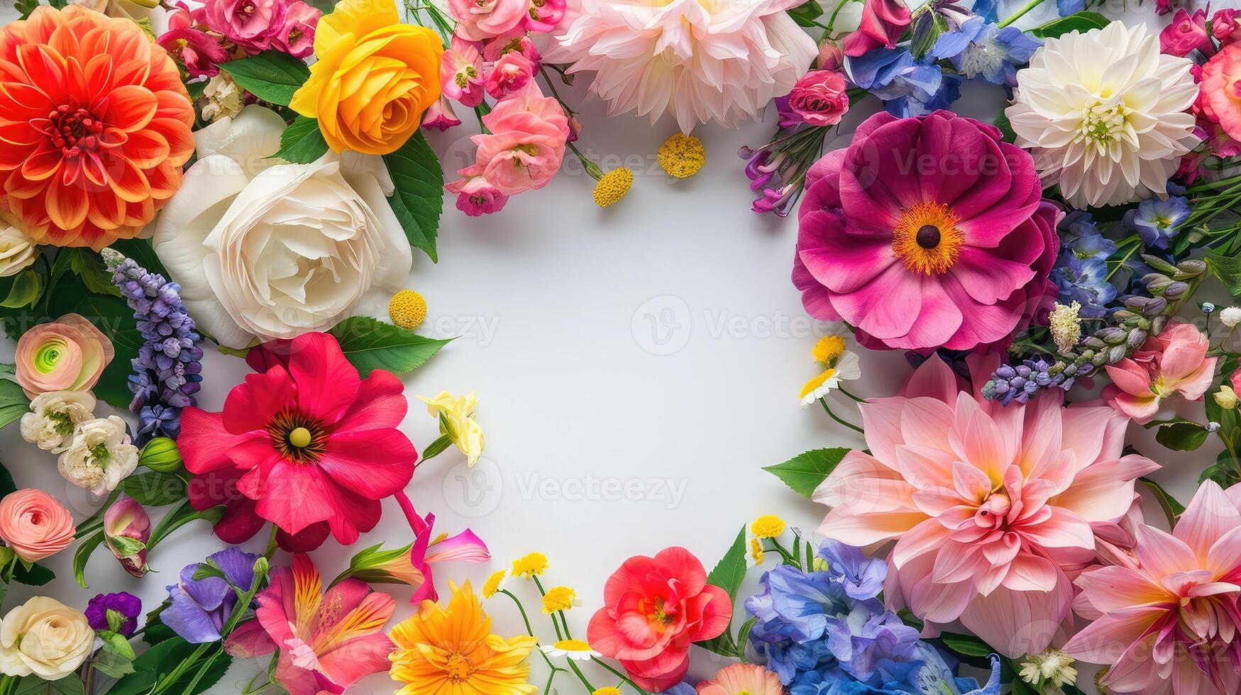 AI generated Frame made of different colorful flowers photo