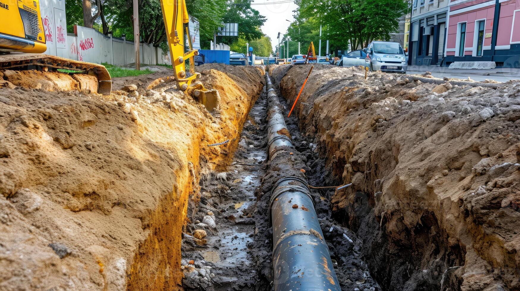 AI generated Excavation trench on a city street to replace plastic water pipes or laying cables. Repair and renovation at construction and development site. photo