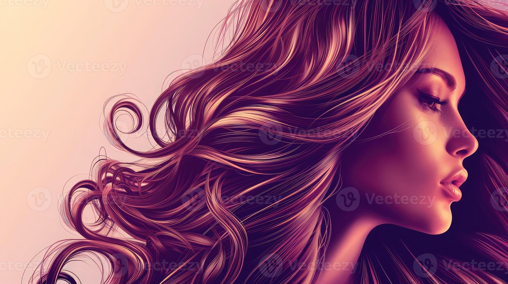 AI generated Beautiful woman in profile with long and shiny wavy hair . Beauty model girl with curly hairstyle . photo