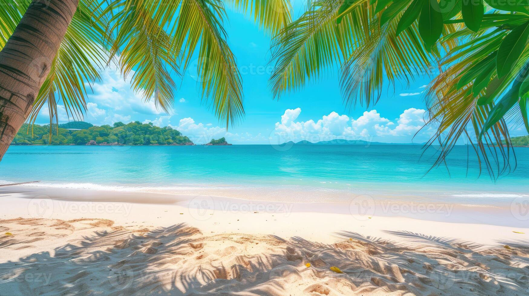 AI generated Tranquil beach scene. Exotic tropical beach landscape for background or wallpaper. Design of summer vacation holiday concept. photo