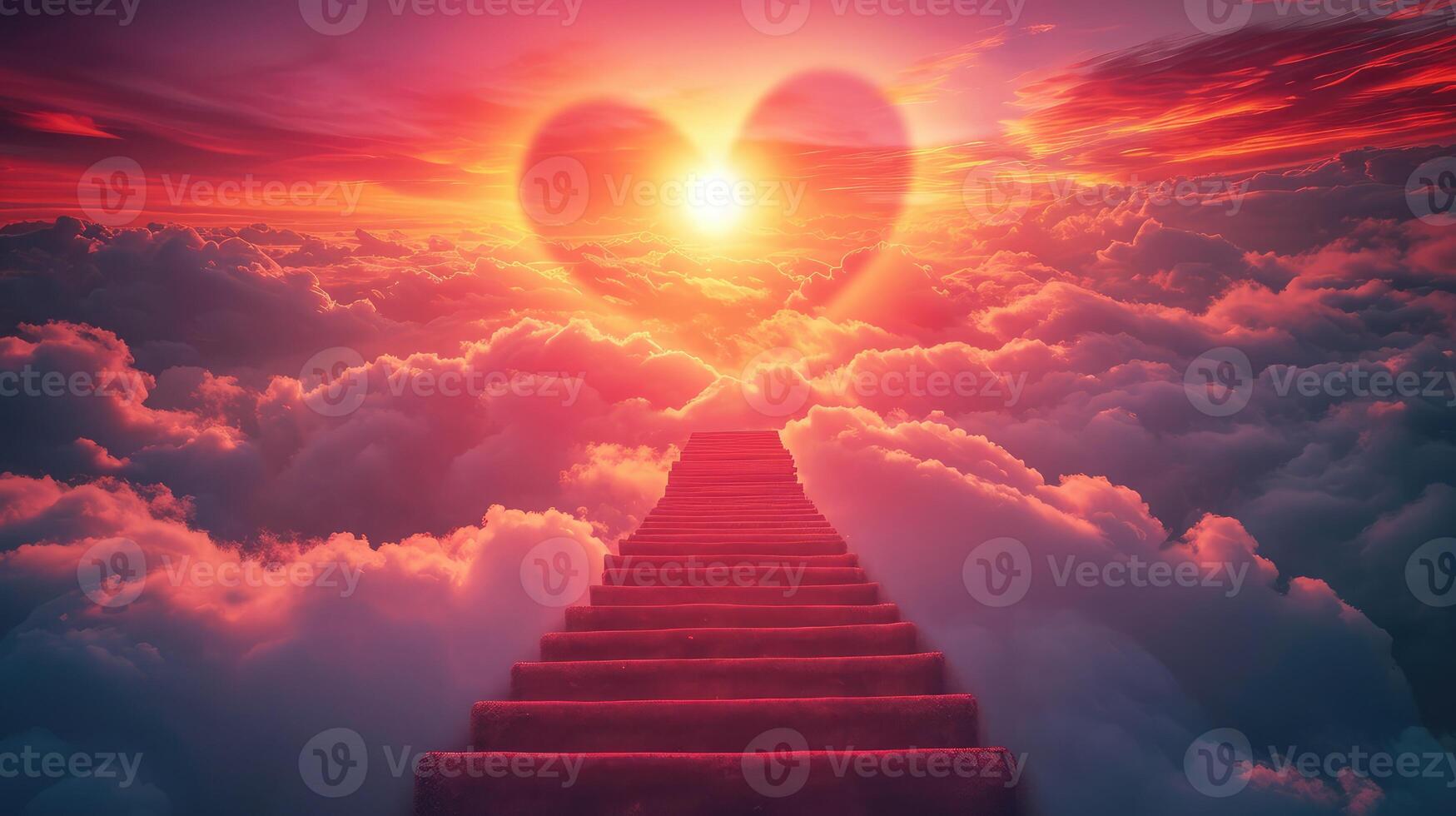 AI generated Stairway to Heaven.Stairs in sky. Concept with sun and clouds. Religion background. Red heart shaped sky at sunset. Love background with copy space. photo