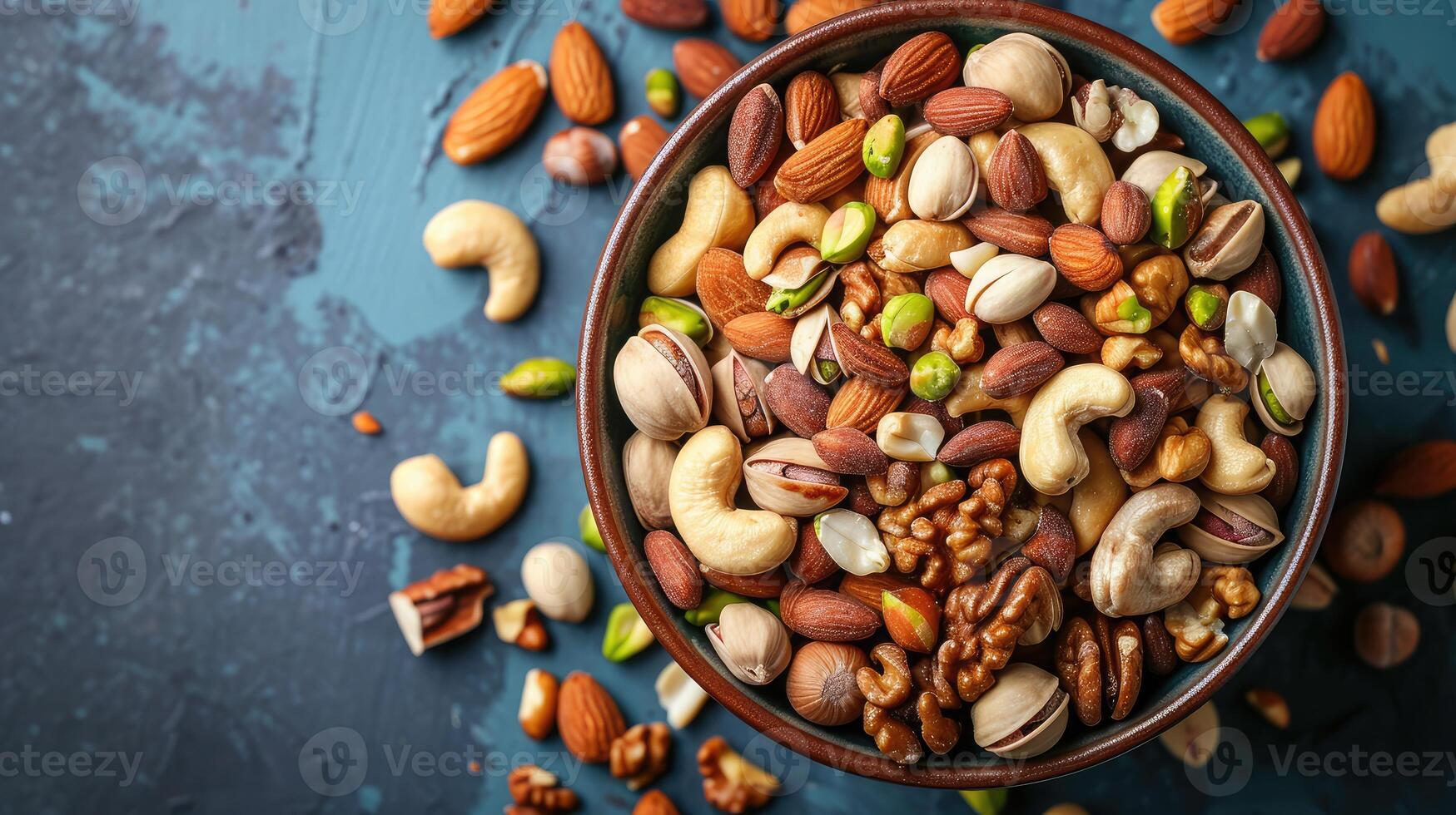 ai generado mezclado nueces en bol. mezcla de varios nueces en de colores antecedentes. pistachos, anacardos, nueces, avellanas, miseria y Brasil nueces. foto