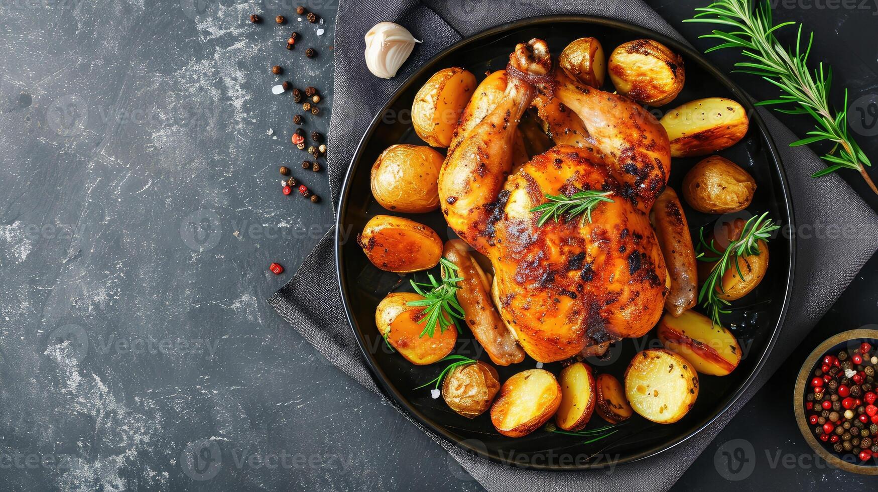 AI generated Roasted chicken in pomegranate sauce with potatoes in a gray ceramic mold. Dark background. Top view. Copy space photo