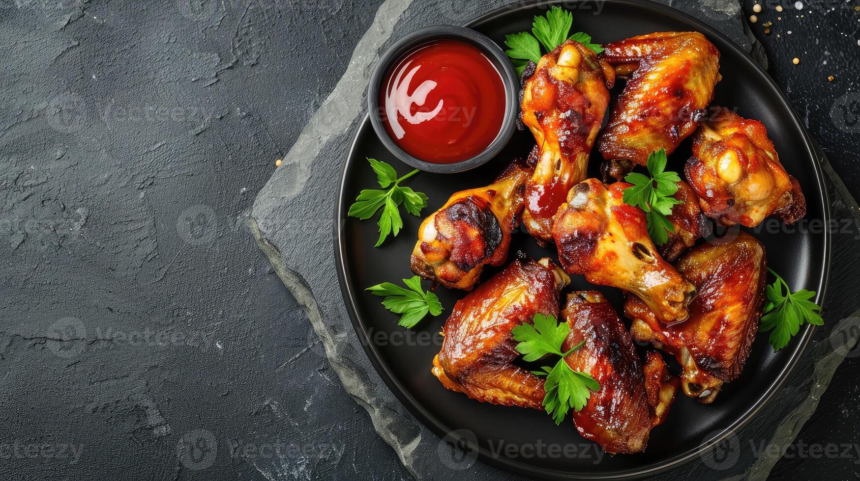 AI generated Grilled spicy chicken wings with ketchup on a black plate on a dark slate, stone or concrete background. Top view with copy space. photo