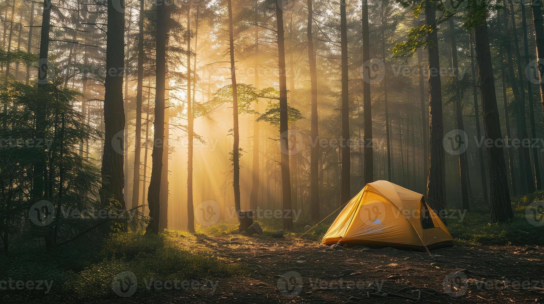 AI generated Tourism concept. Dawn in a foggy forest with a lonely tent. Man lives in the forest photo