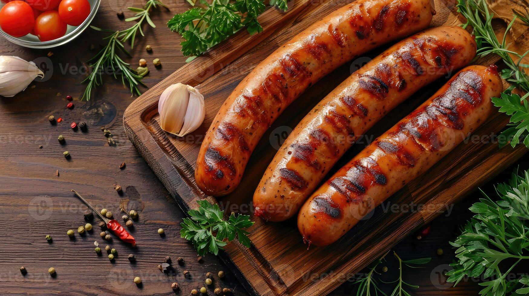 ai generado de madera tablero con sabroso salchichas en mesa foto