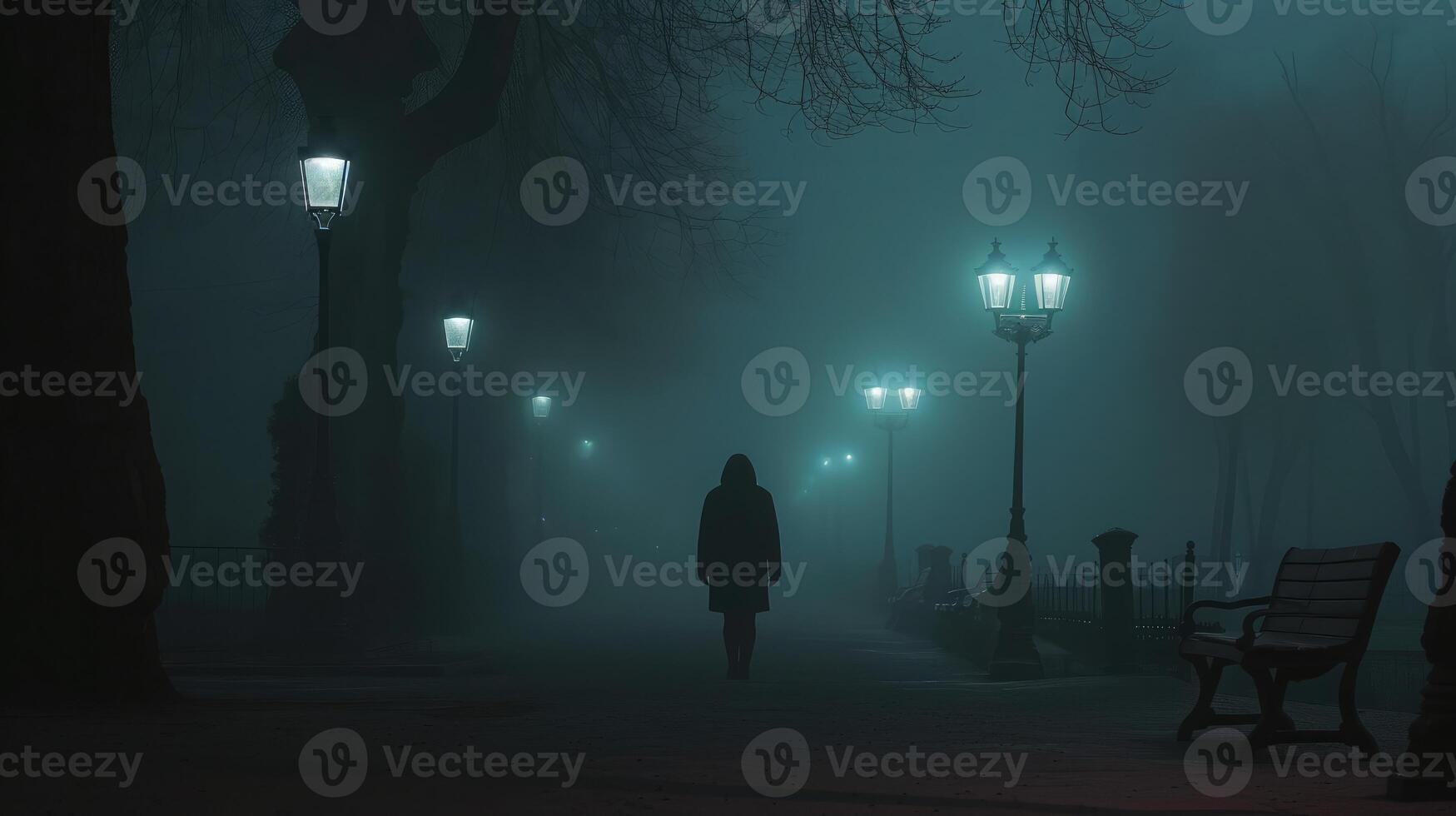 AI generated Sad man alone walking along the alley in night foggy park Back view photo