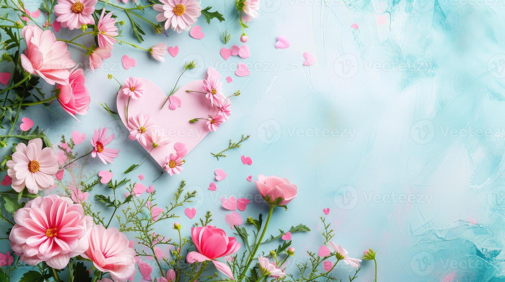 AI generated Creative layout with pink flowers, paper heart over punchy pastel background. Top view, flat lay. Spring, summer or garden concept. Present for Woman day photo