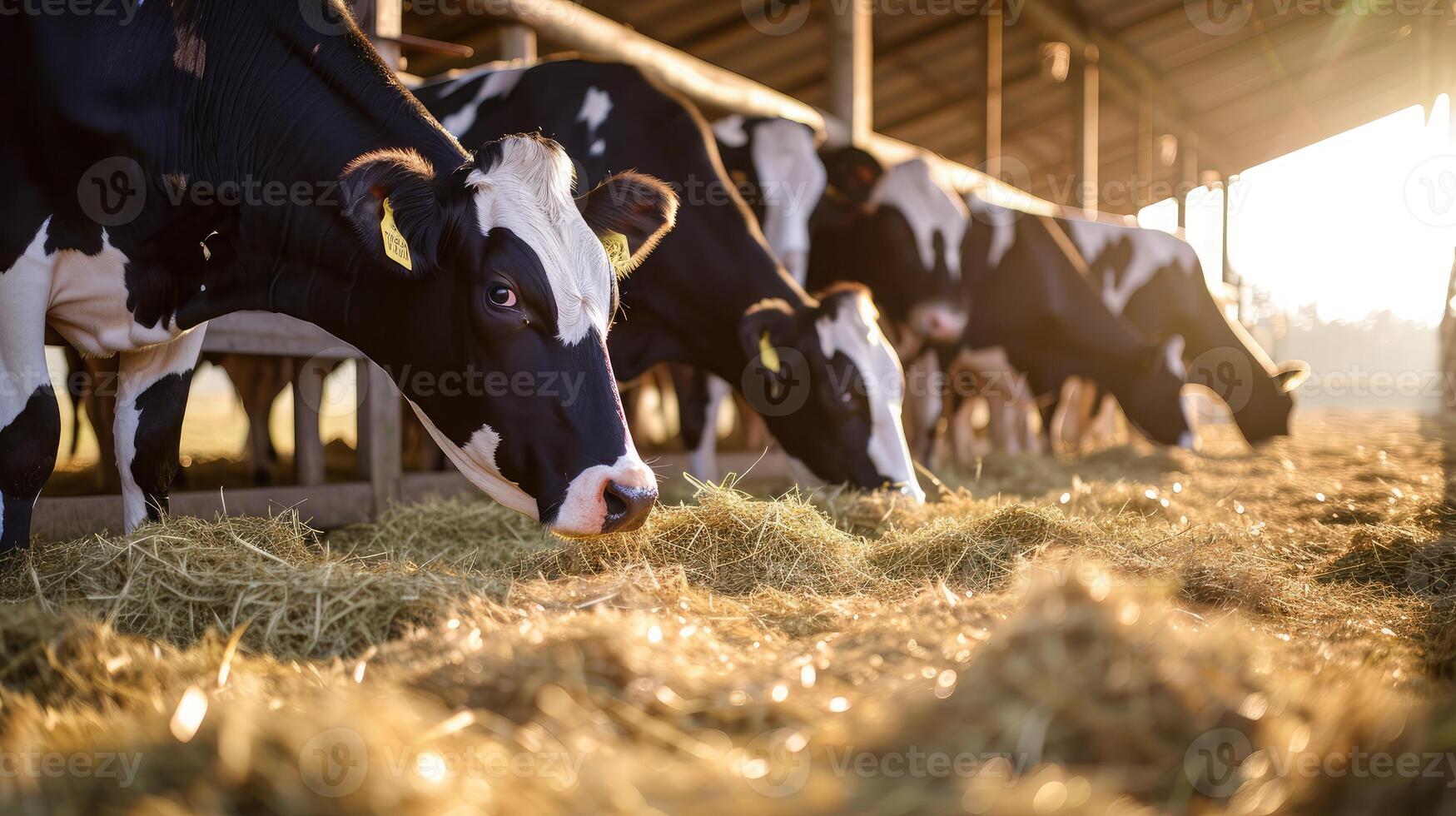 AI generated Modern outdoor cowshed at dairy farm with herd of milking Holstein cows eating hay from manger photo