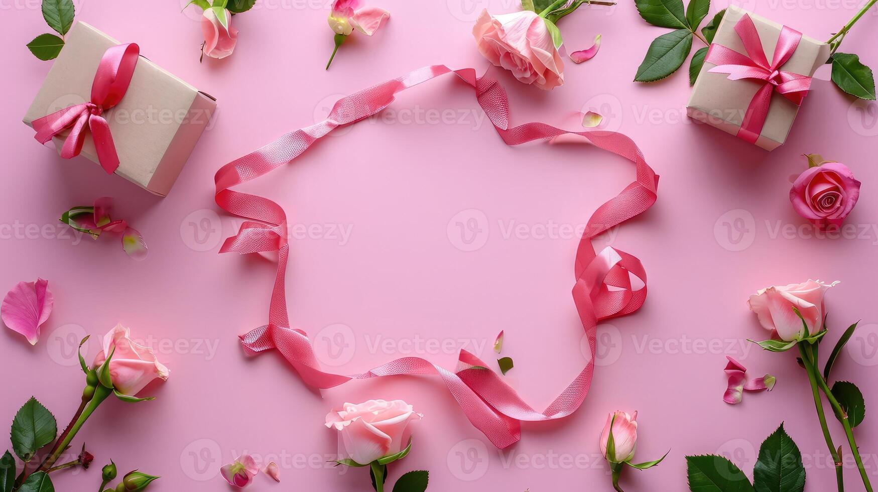 AI generated Ribbon in shape of heart with gift boxes and rose flowers on pink background. Happy Valentines day, Mothers day, birthday concept. Romantic flat lay composition. photo