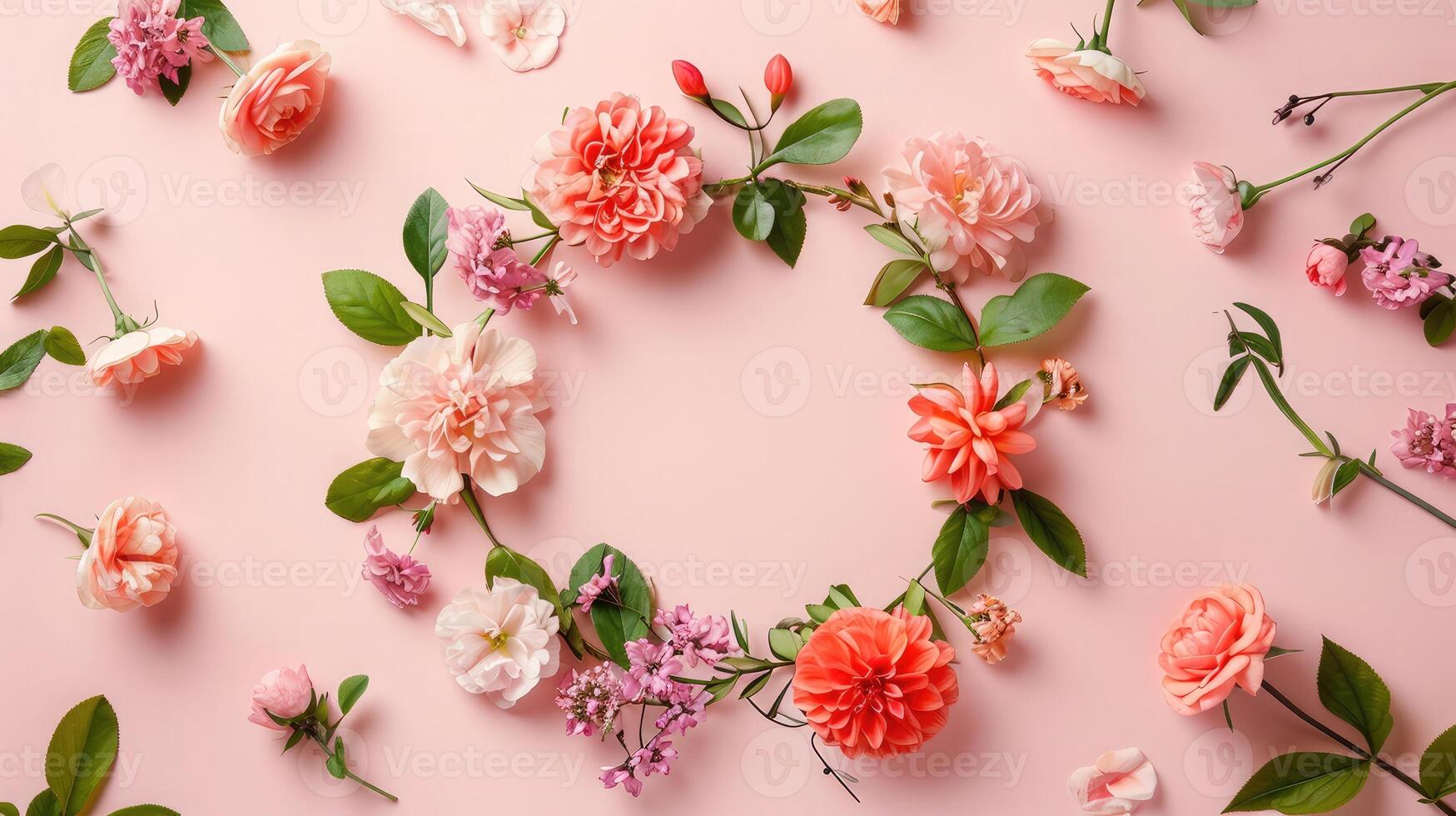 AI generated Wreath made of beautiful flowers and green leaves on pale pink background, flat lay. Space for text photo