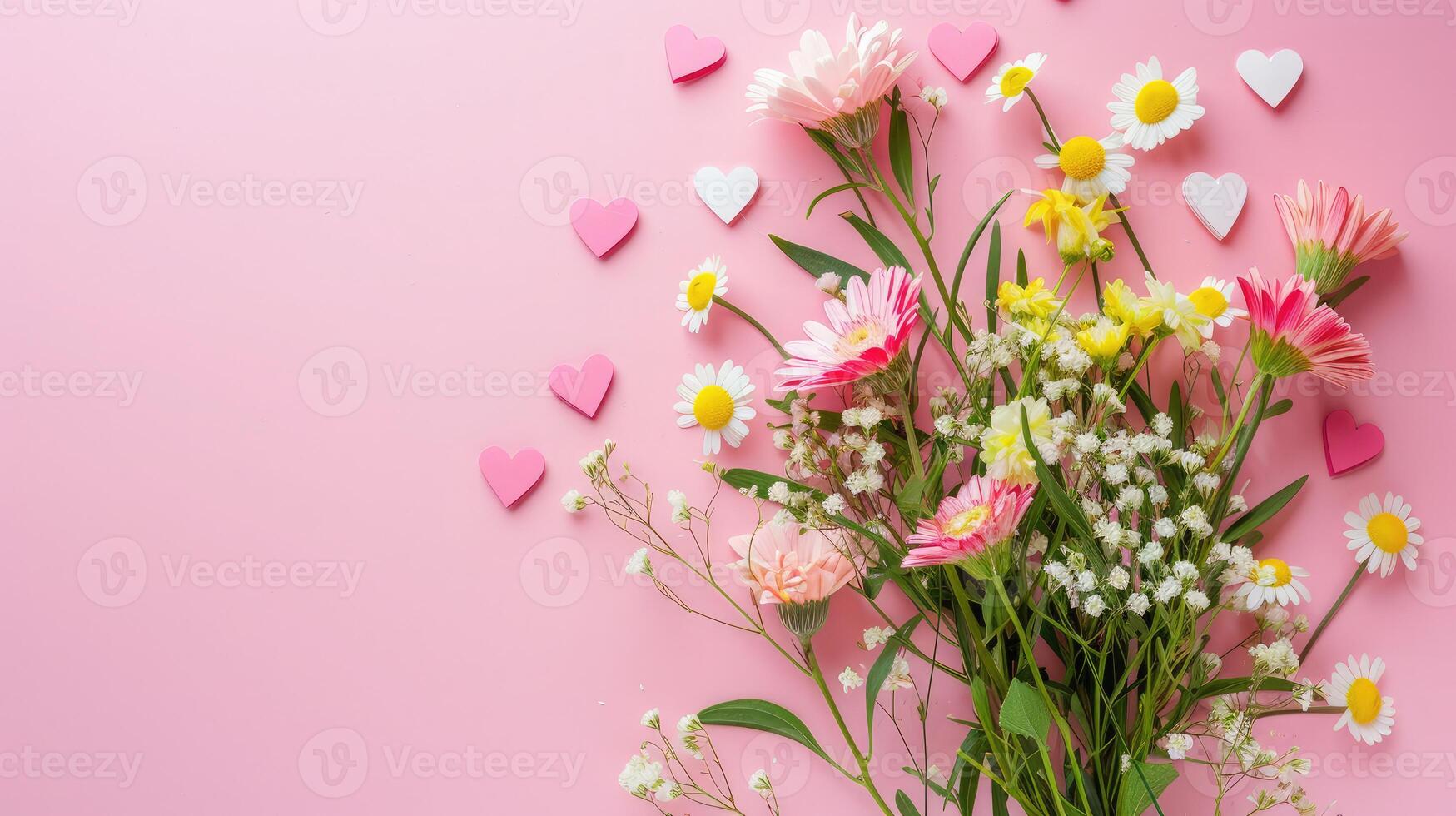 AI generated Bouquet of beautiful spring flowers and paper hearts on pastel pink table for Happy mothers day. Flat lay. photo