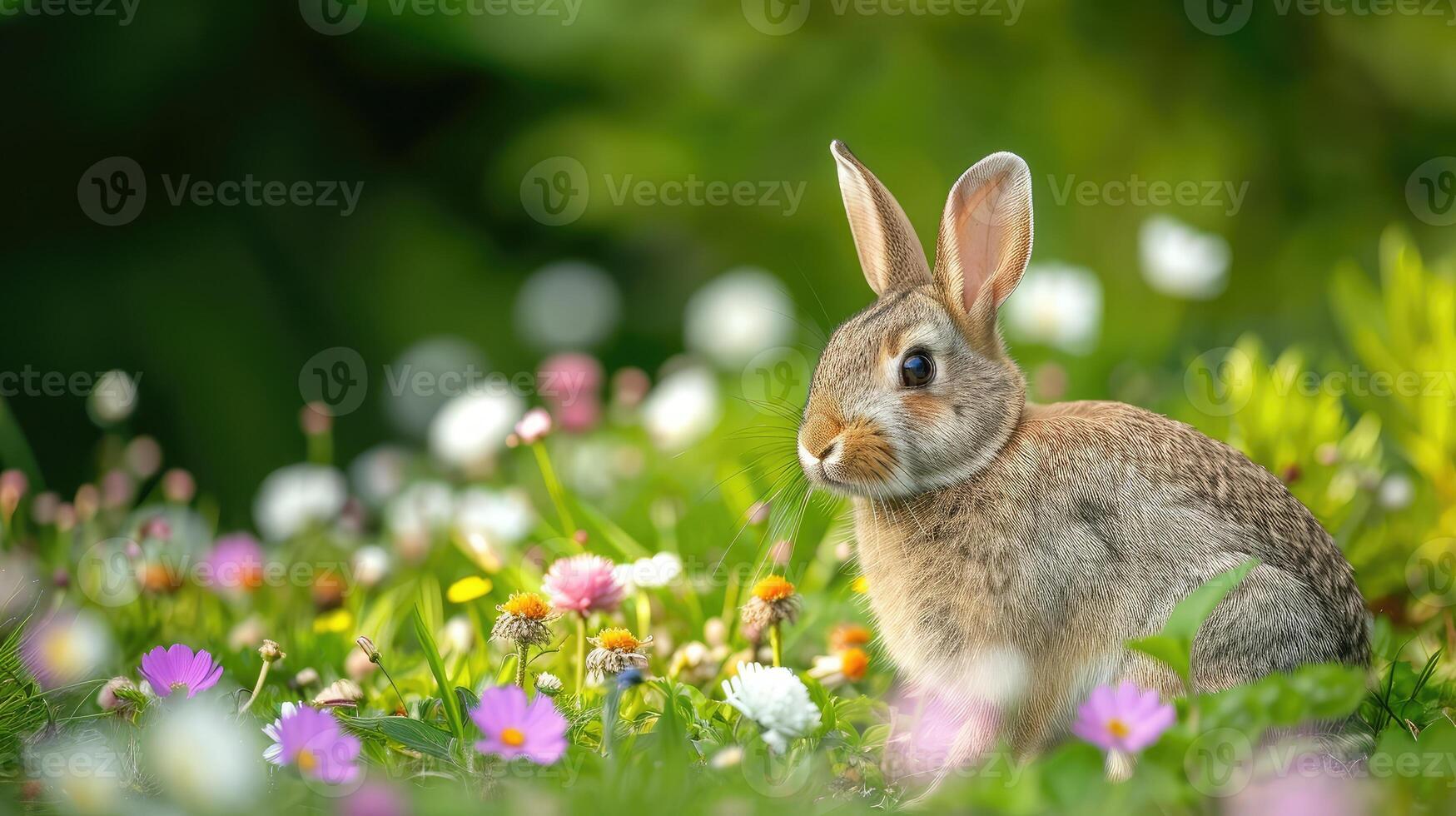 ai generado Conejo en el prado con flores, superficial profundidad de campo foto