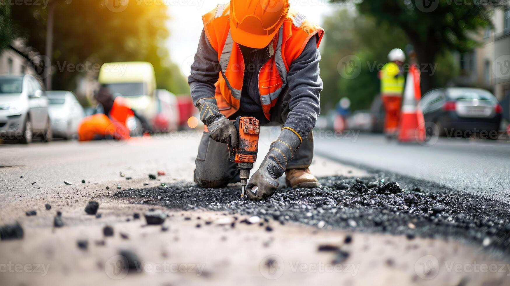 ai generado trabajador en reflexivo chaleco con perforar reparando calle durante obras de carretera foto