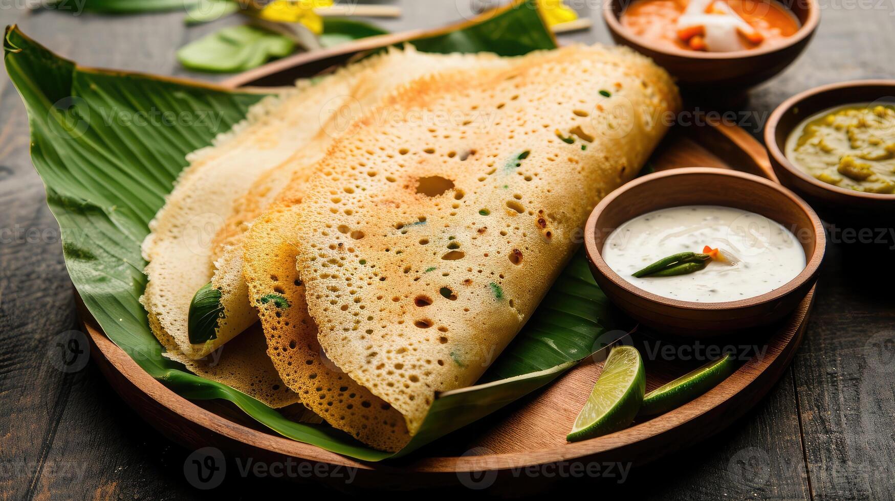 AI generated Ragi Dosa, healthy south Indian breakfast item arranged on a round wooden base lined with banana leaf and coconut chutney placed beside it. photo