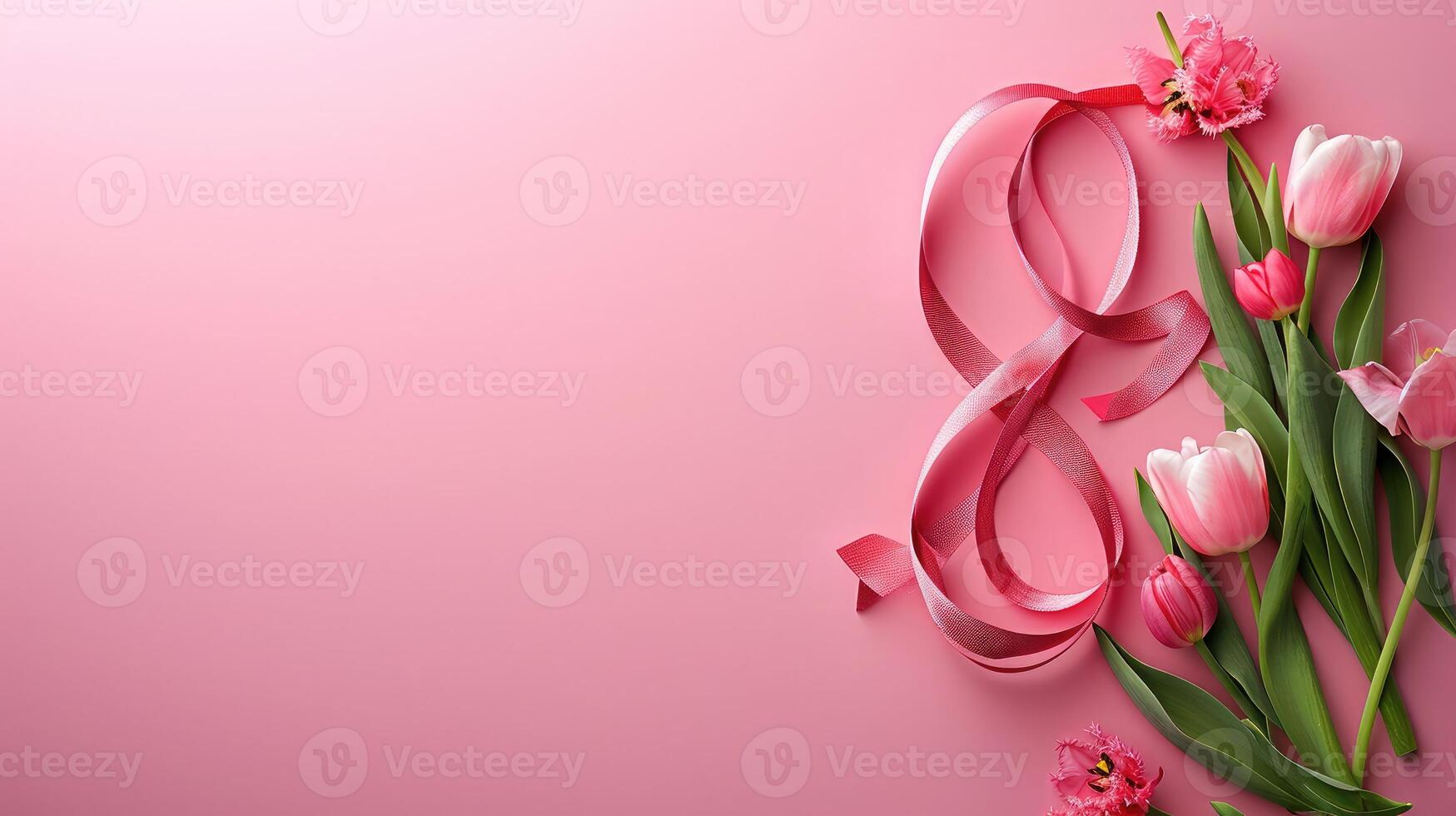 AI generated Figure 8 made of ribbon and tulip flowers for International Women's Day celebration on pink background with space for text photo