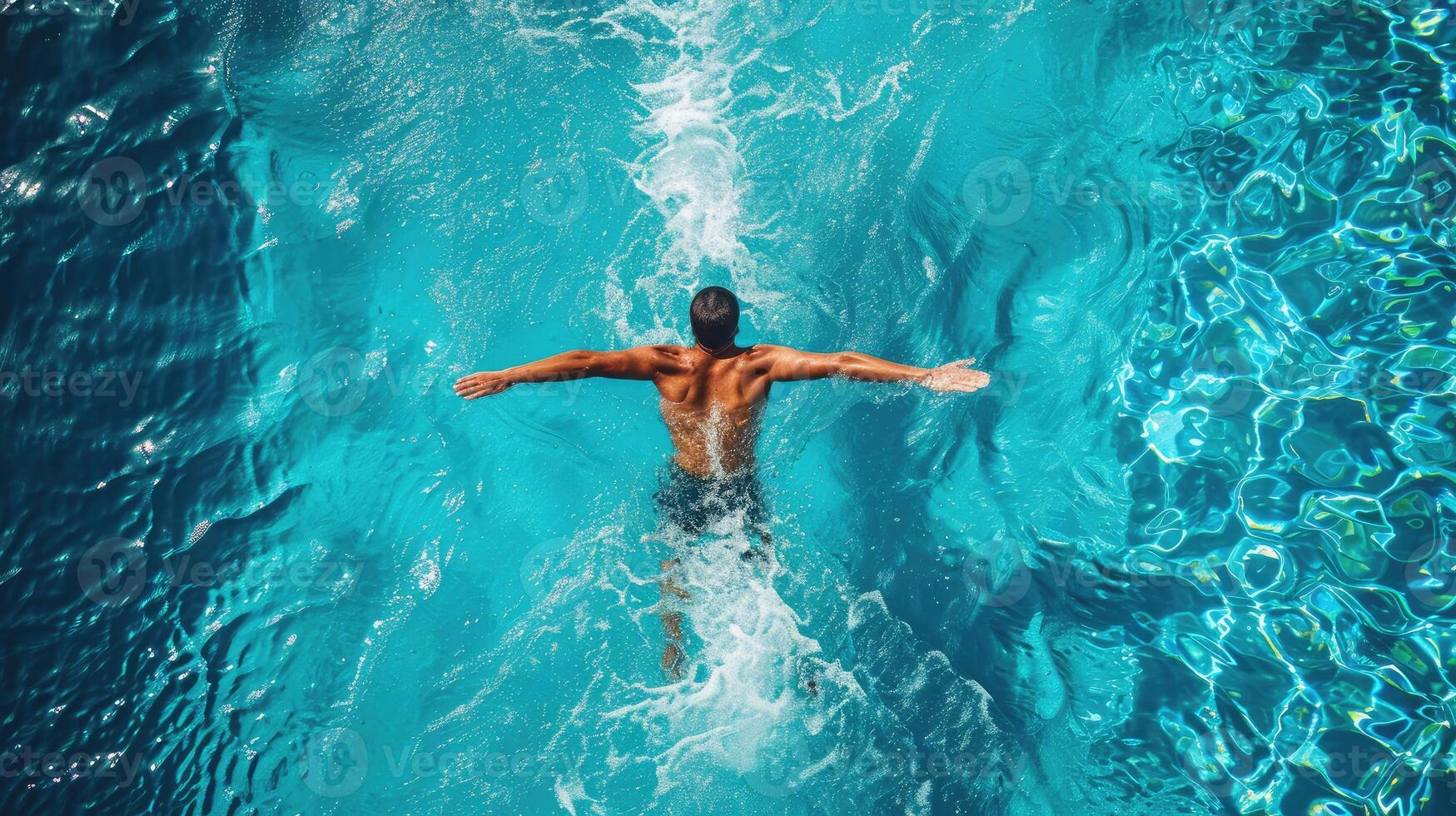 ai generado parte superior ver masculino nadador nadando en nadando piscina. profesional determinado atleta formación para el campeonato, utilizando mariposa técnica. parte superior ver Disparo foto