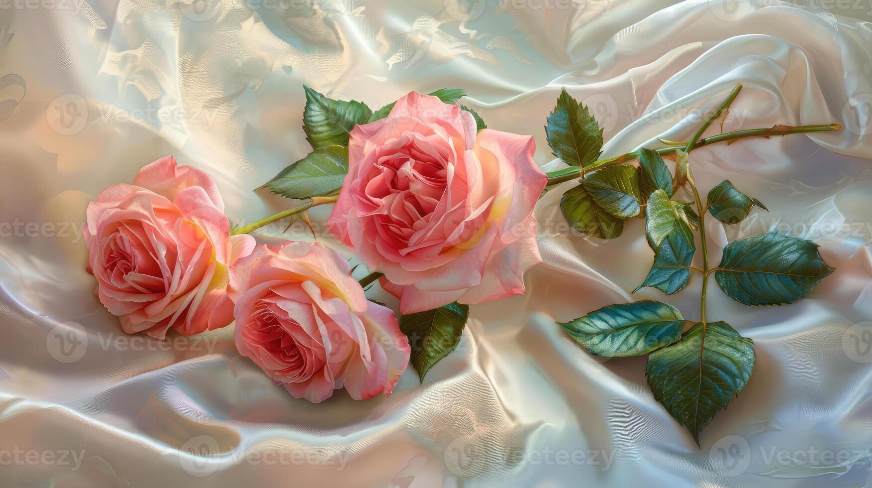 AI generated pink roses on soft silk photo
