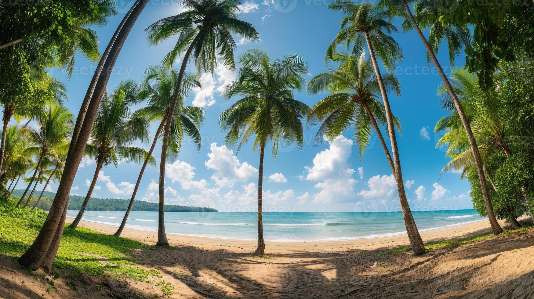AI generated panorama of tropical beach with coconut palm trees photo
