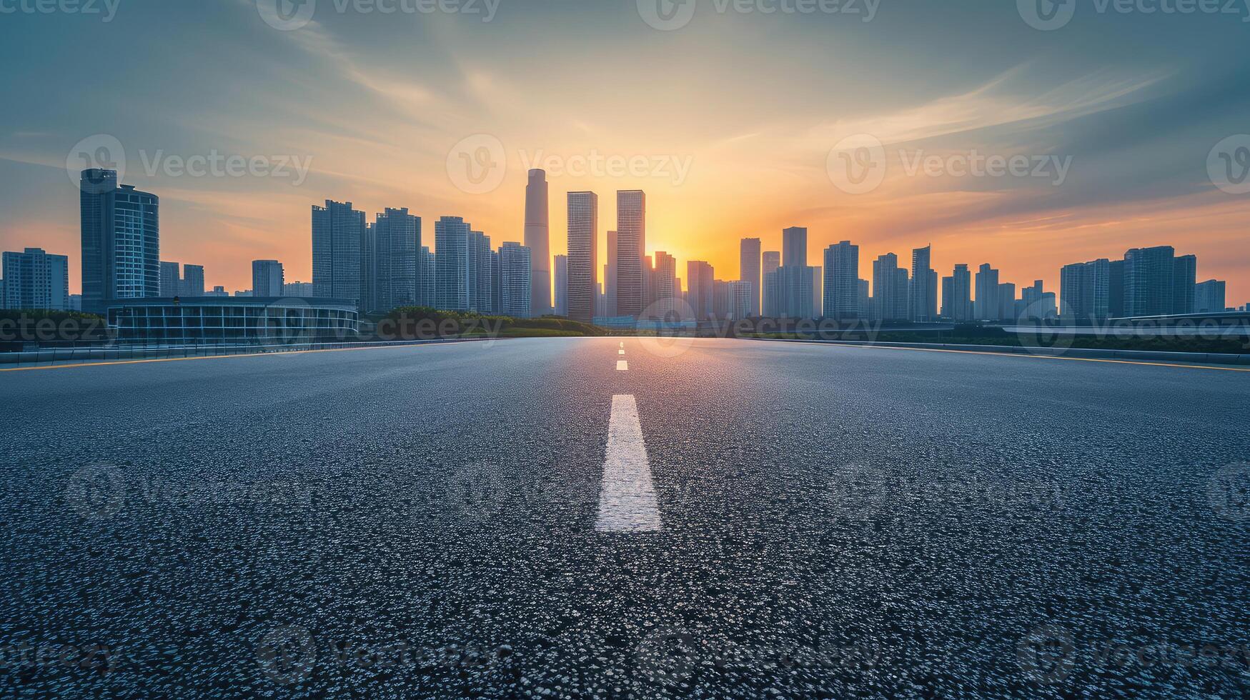 ai generado vacío asfalto la carretera y moderno ciudad horizonte con edificio paisaje a puesta de sol. alto ángulo vista. foto