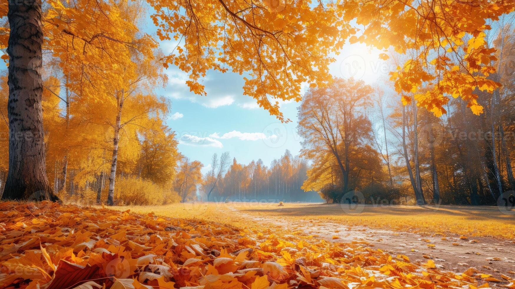 AI generated Autumn scene. Bright colorful landscape yellow trees in autumn park. Fall nature. photo