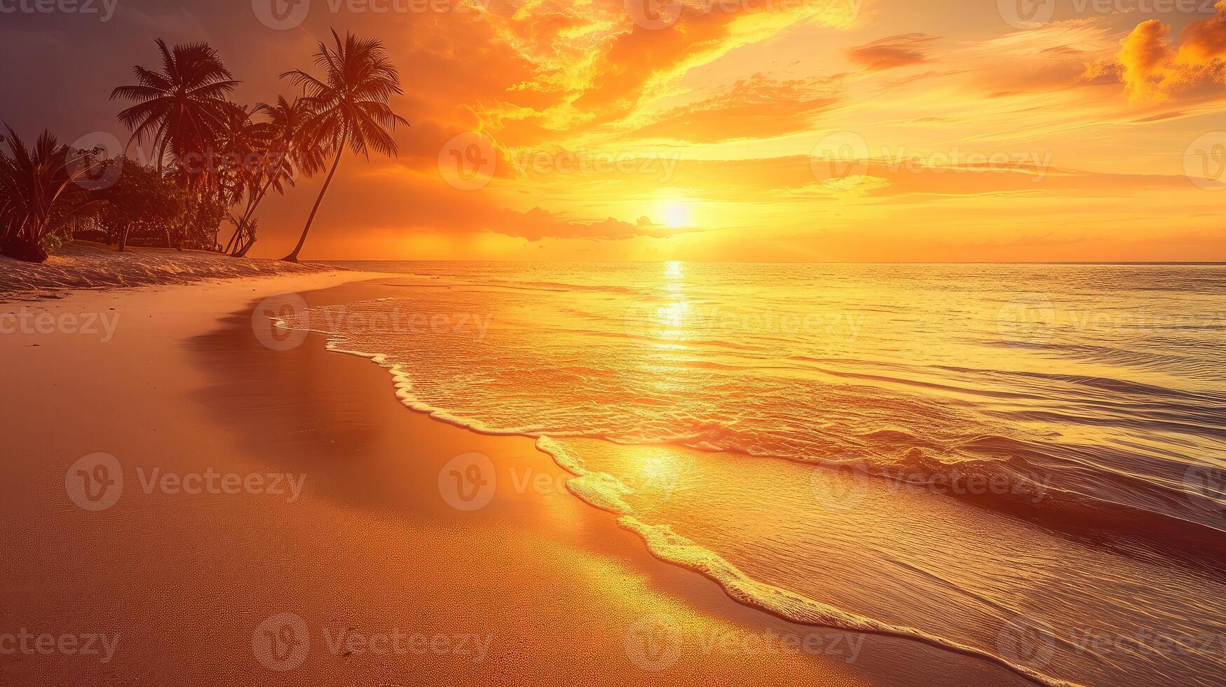 AI generated Island palm tree sea sand beach. Panoramic beach landscape. Inspire tropical beach seascape horizon. Orange and golden sunset sky calmness tranquil relaxing summer mood photo