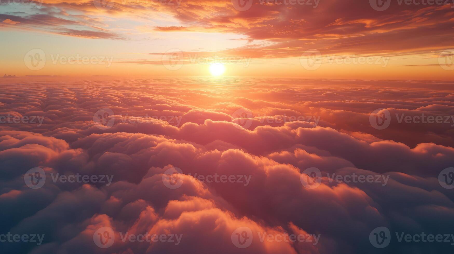 AI generated Beautiful sunset cloudy sky from aerial view. Airplane view above clouds photo