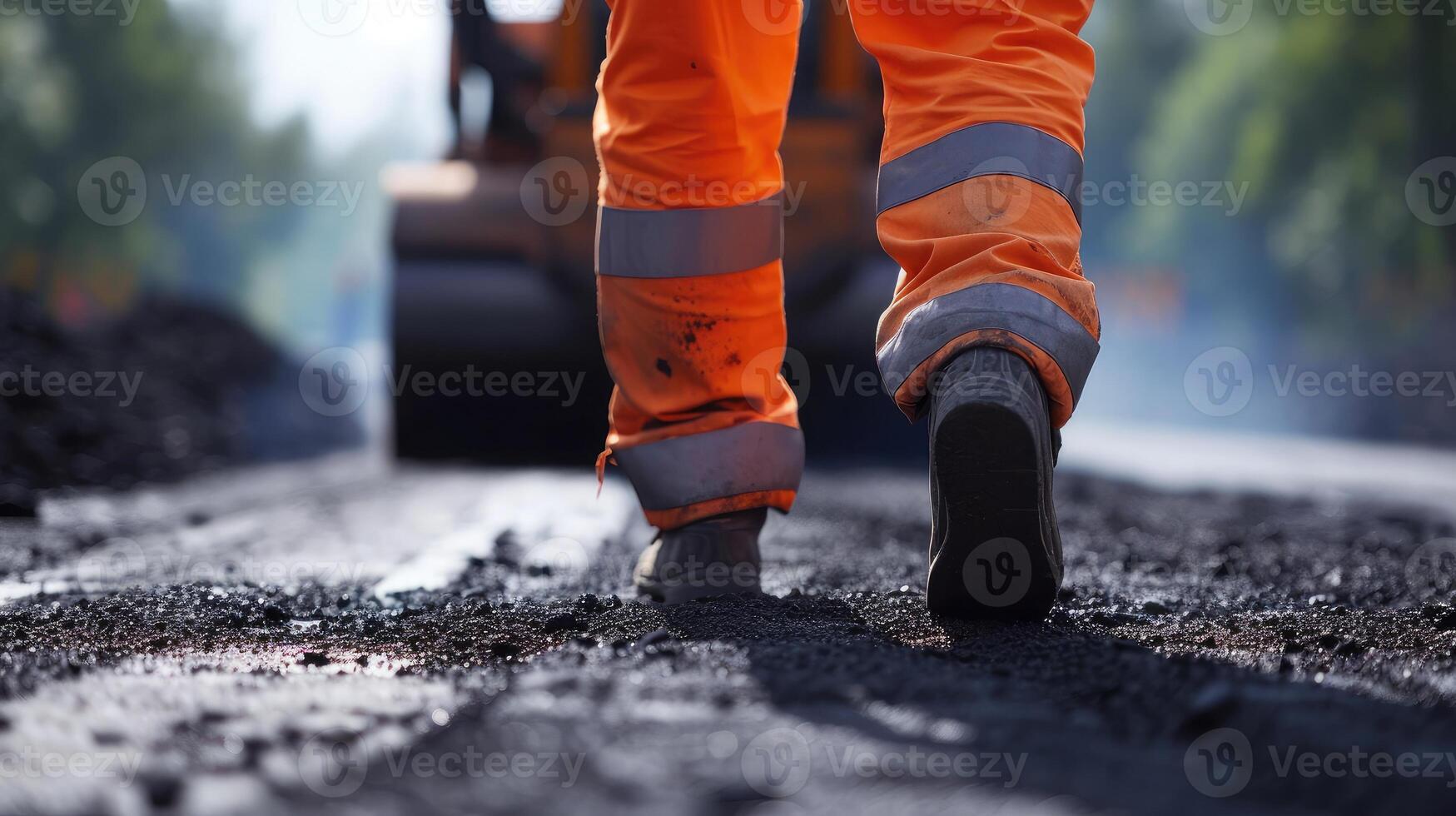 AI generated road worker in orange overalls renovates a section of the road with hot asphalt against the background of a road roller in blur. Road repair concept, place for text, copy space. photo