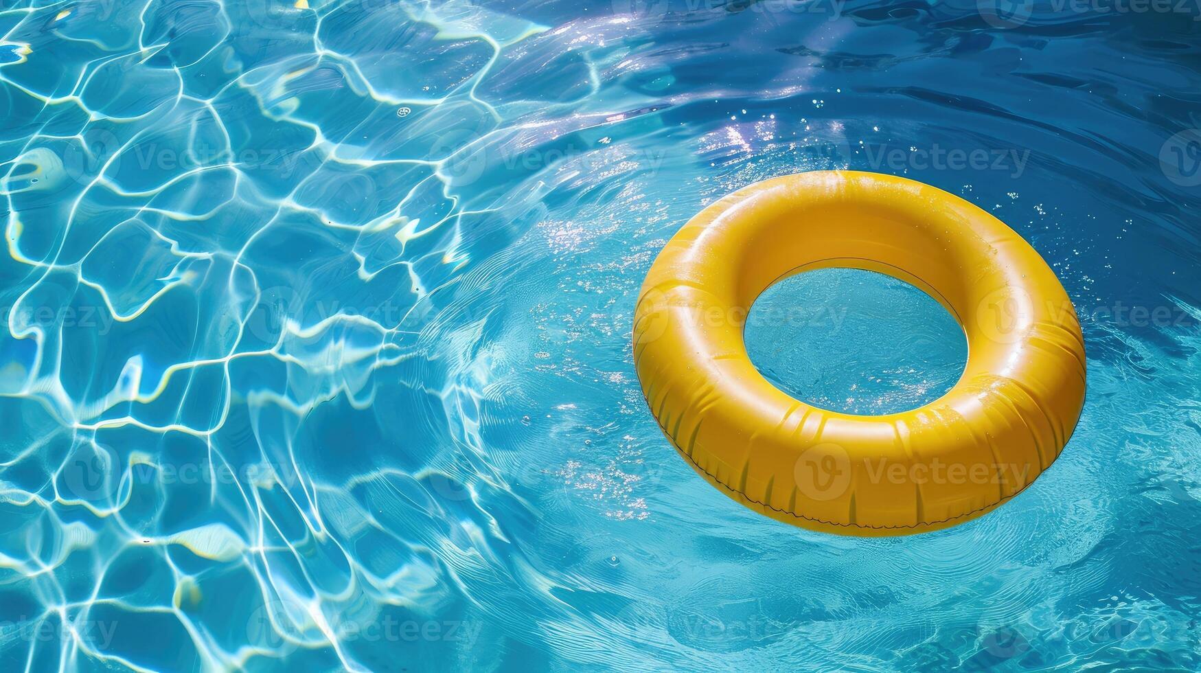 ai generado amarillo piscina flotar, anillo flotante en un refrescante azul nadando piscina foto