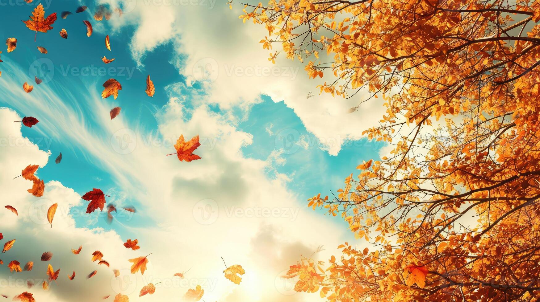 AI generated Autumn landscape. Autumn tree leaves sky background. photo