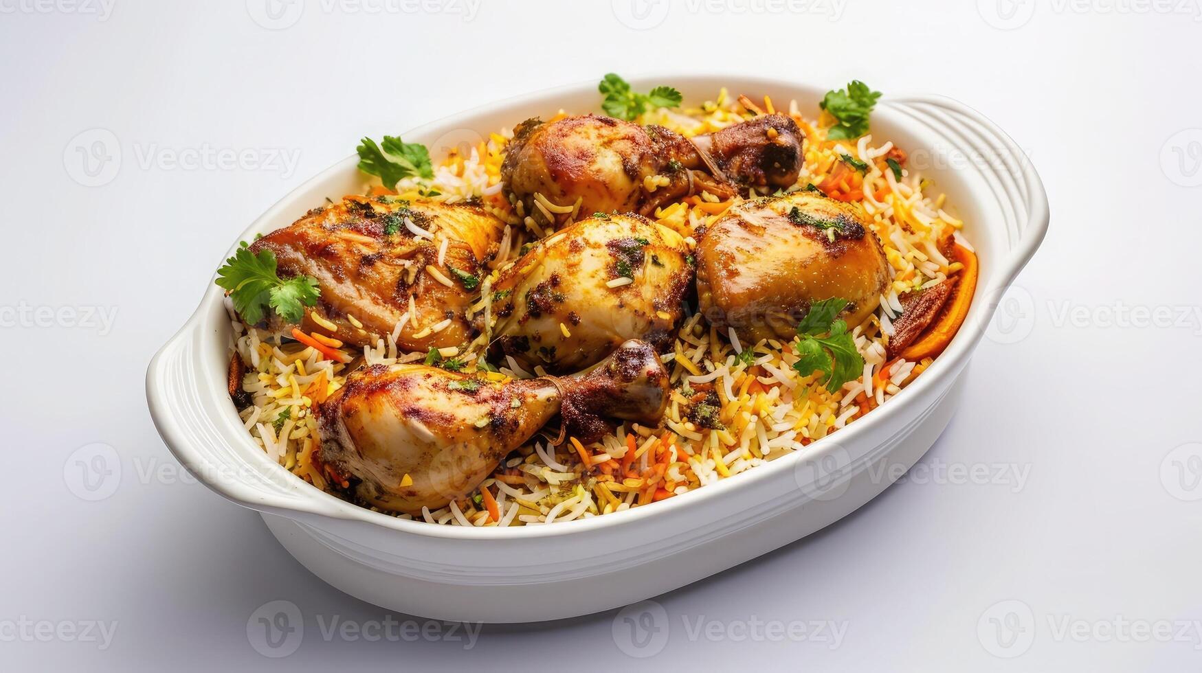 AI generated Chicken biryani , kerala style chicken dhum biriyani made using jeera rice and spices arranged in a white ceramic table ware with white background photo