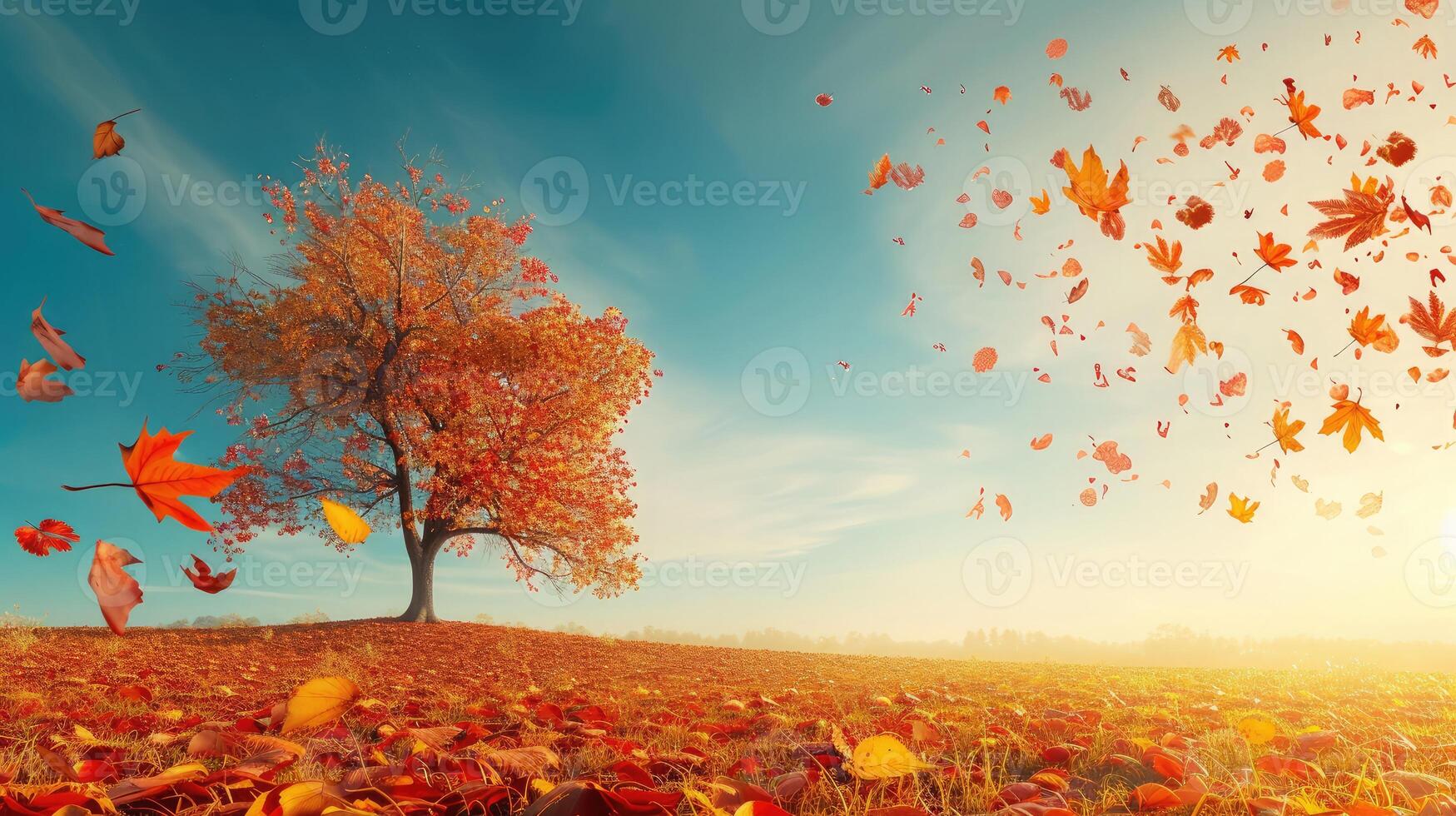 AI generated Autumn landscape. Autumn tree leaves sky background. photo