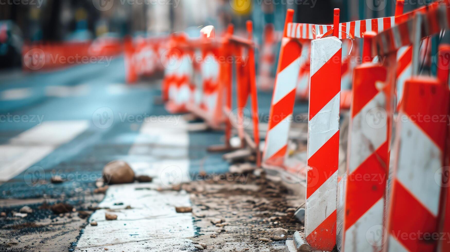 ai generado la carretera reparar, ciudad calle, edificio, la seguridad rojo y blanco cerca foto