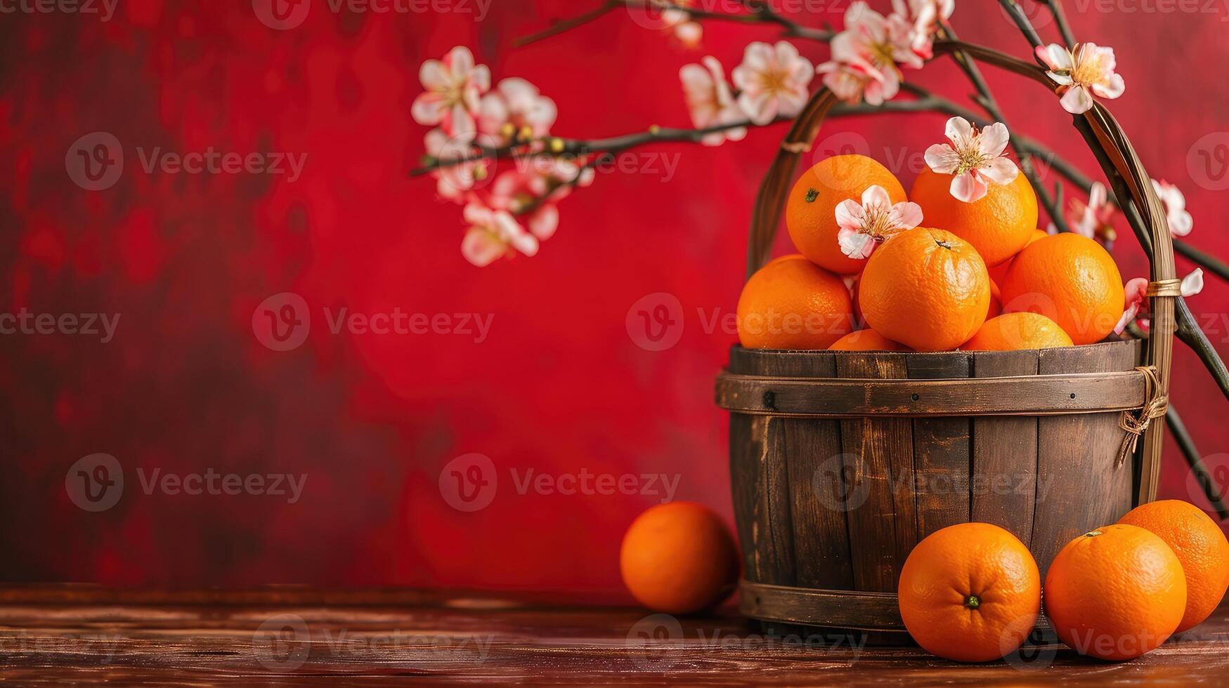 AI generated Accessories on Lunar New Year   Chinese New Year vacation concept background.Orange in wood basket with flower on modern rustic brown   red backdrop at home office desk photo