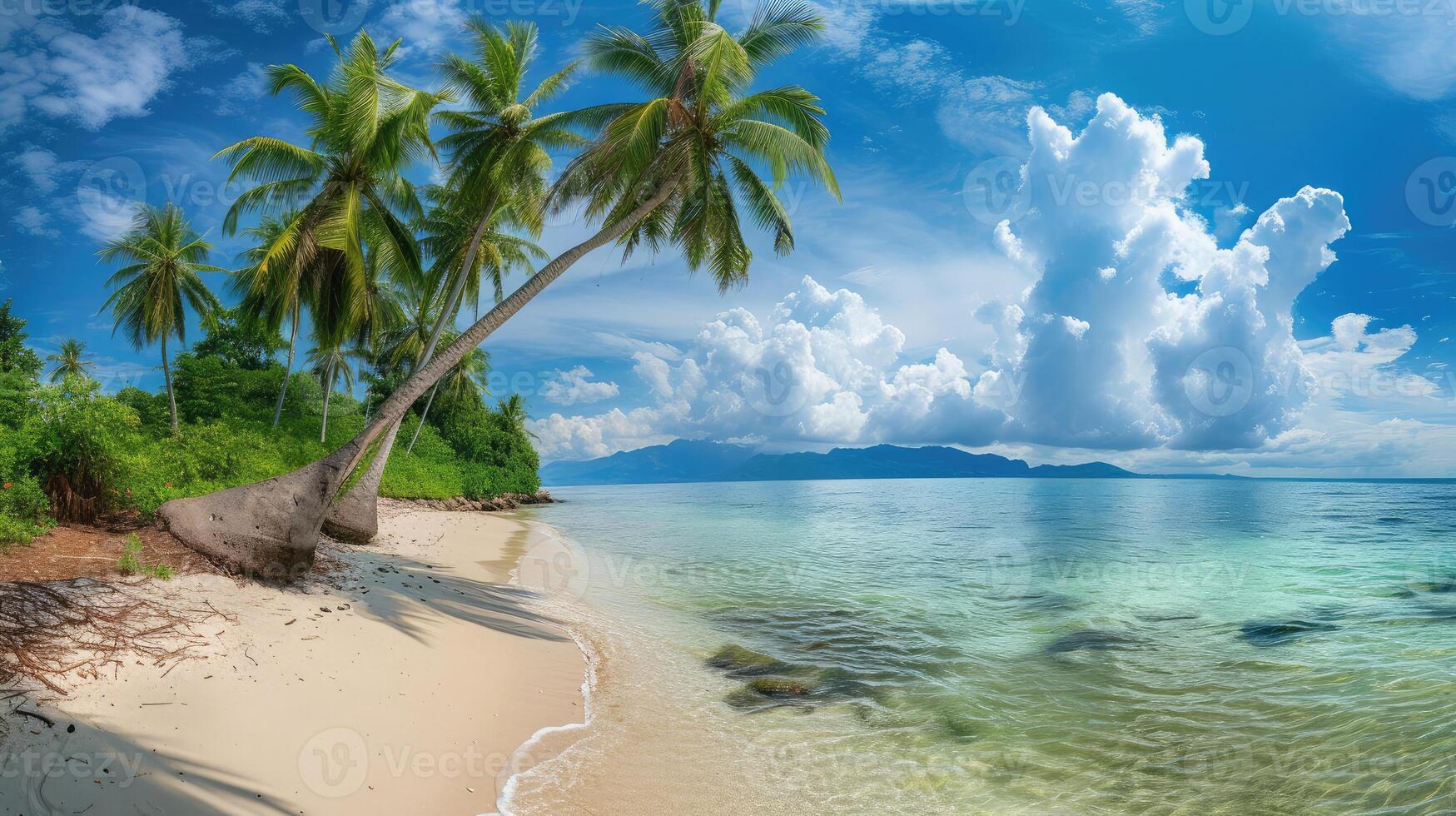 AI generated panorama of tropical beach with coconut palm trees photo