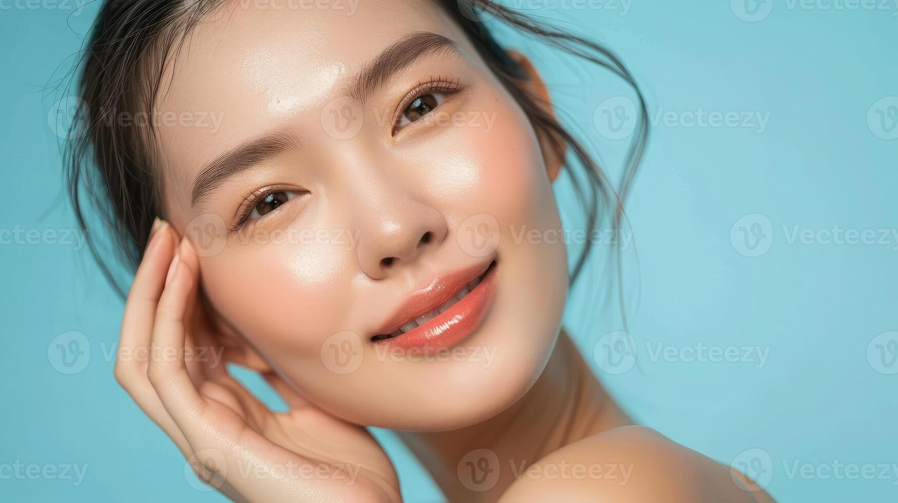 AI generated Skin care. Woman with beauty face touching healthy facial skin portrait. Beautiful smiling asian girl model with natural makeup touching glowing hydrated skin on blue background closeup photo