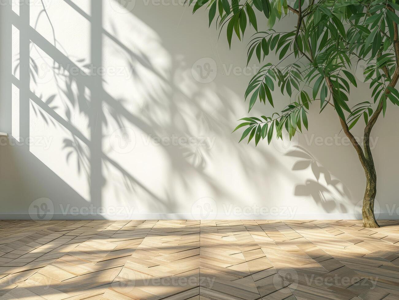 AI generated Room interior empty space background mock up, sunlight and shadows room walls, cozy summer warm room with sunlight and leafs shadows and wooden blank parquet floor photo